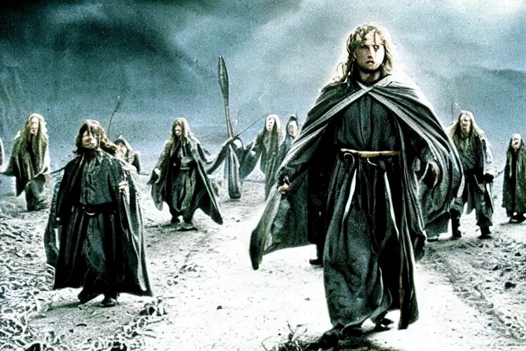 Image similar to movie still from the lord of the rings directed by ridley scott in the style of h. r. giger, frodo and sam leave the shire, dark landscape, cinematic, cinemascope