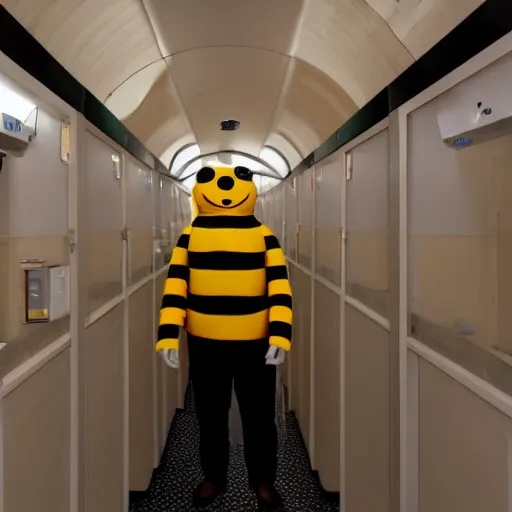 Prompt: a man in a bee suit in the corridor of a capsule hotel