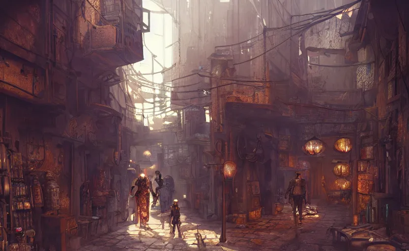 Prompt: cyberpunk medieval middle east alleyway, arabic, persian, dawn, market, little spice shops, technology, bazaar, steam punk, unreal engine 5, trending on art station, in the style of Pixar