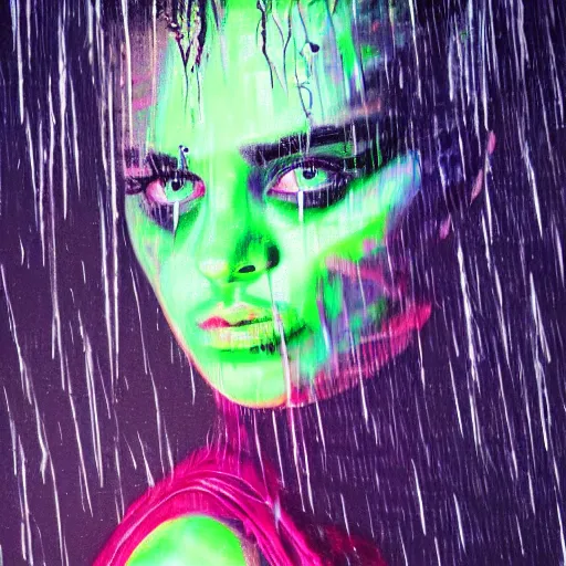 Image similar to splashes of neon, punk portrait made out of paint with rain in the background, trending on artstation, epic composition, emotional, beautiful, rendered in octane, highly detailed, realistic, tim burton comic book art, sharp focus, matte painting