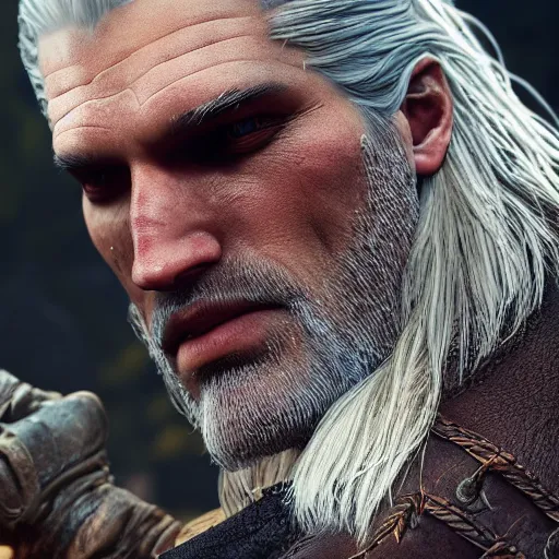 Image similar to close up of Geralt of Rivia, depth of field, 8k, 35mm film grain, unreal engine 5 render dramatic, intricate, elegant, highly detailed, digital painting, artstation, concept art, smooth, sharp focus, illustration, octane render, art by Leesha Hannigan, Ross Tran, Thierry Doizon, Kai Carpenter, Ignacio Fernández Ríos