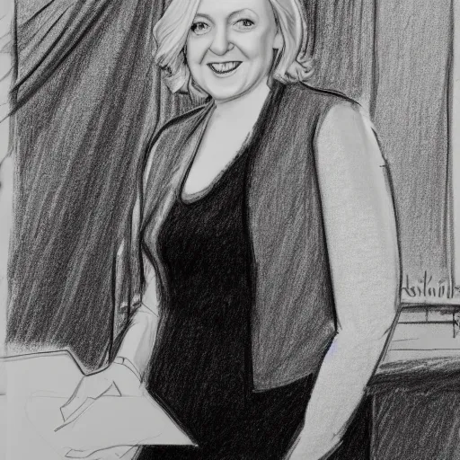 Image similar to liz truss, pencil sketch