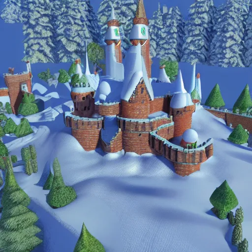 Prompt: 3D Mario 64 castle aerial view, 4k, snow