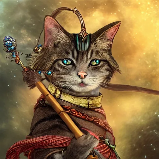 Prompt: fantasy cat holding magical staff, high detail, digital art, concept art,fantasy art, 4k
