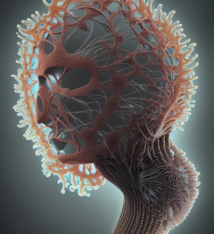 Image similar to portrait intricate mask, eagle coral, jelly fish, mandelbulb 3 d, fractal flame, octane render, cyborg, biomechanical, futuristic, by ernst haeckel