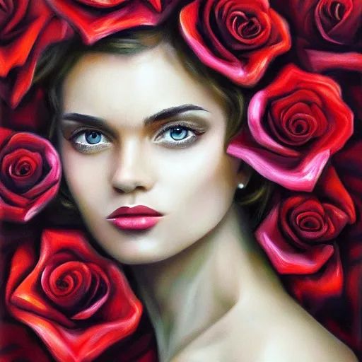 Image similar to hyperrealism matte oil painting, fashion model portrait roses in eyes