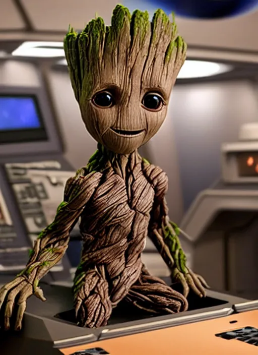 Image similar to baby groot sitting in the captains chair of the uss enterprise, photo realistic