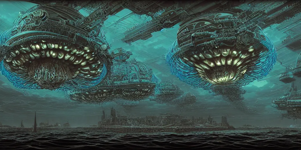 Prompt: vibrant ultra clear view of a sci - fi steampunk bioluminescent jelly fish submarine overpopulated city by laurie greasley rene magritte gustave dore, low contrast, cinematic dramatic lighting, hyper realistic detailed intricate render, hypermaximalist, ornate, epic composition, 4 k 8 k, octane blender, sharp focus, concept art, masterpiece award winning