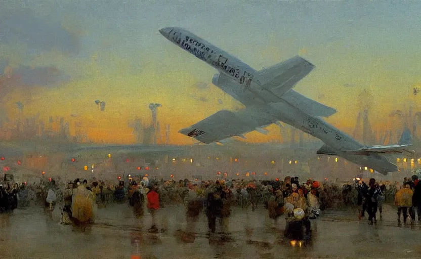 Prompt: high quality high detail painting by ilya repin, dawn, plane landing in the airport, hd