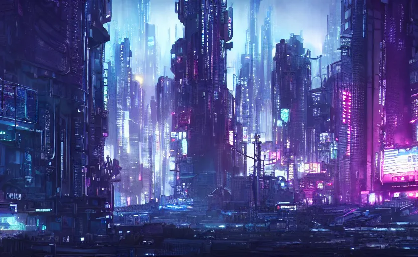 Image similar to detailed landscape of a dystopian cyberpunk city at night. wallpaper. dark blue and purple color palette. hd. artstation.