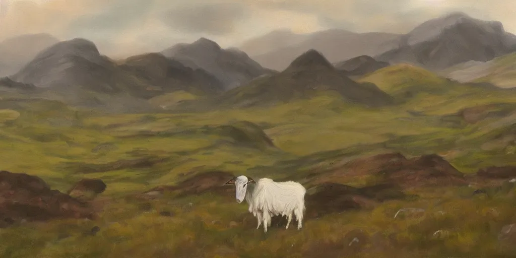 Prompt: painting of rocky highlands with goats grazing in the distance, overcast skies, muted colors