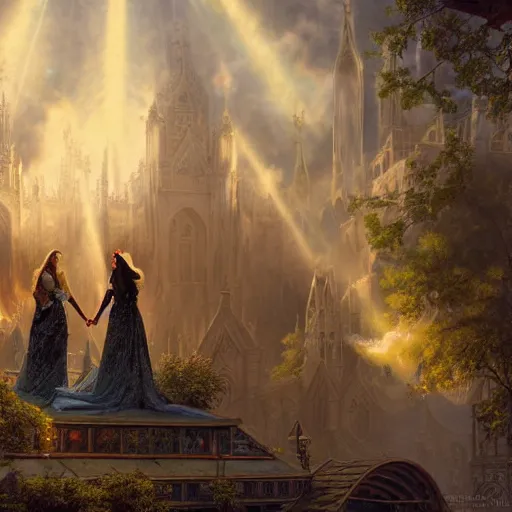 Prompt: a beautiful and detailed matte painting of a lesbian wedding between evil pyromancer and a red mage, unholy union, white church background, god rays, sharp focus, highly detailed, cinematic lighting, 8 k, smooth render, vector illustration, award winning, by adolf hiremy - hirschl and greg rutkowski and alphonse mucha