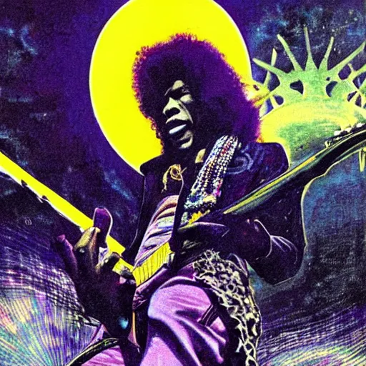 Image similar to Jimi Hendrix sitting on the rings of Saturn playing \'Purple Haze\' on his electric guitar by Moebius