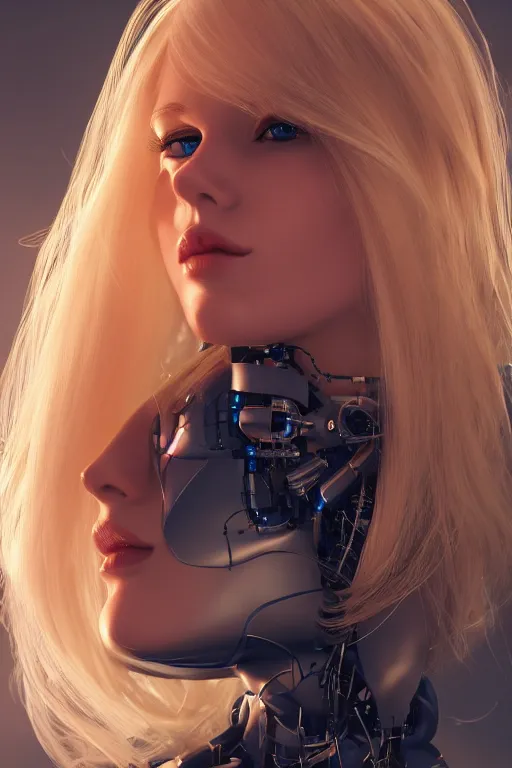 Image similar to a beautiful woman with blonde hair wearing robot suit with wires and light, highly detailed, photorealistic, artstation, smooth