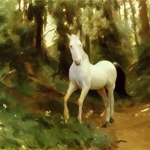 Prompt: A beautiful water painting of an elf Horse in the forest, John Singer Sargent