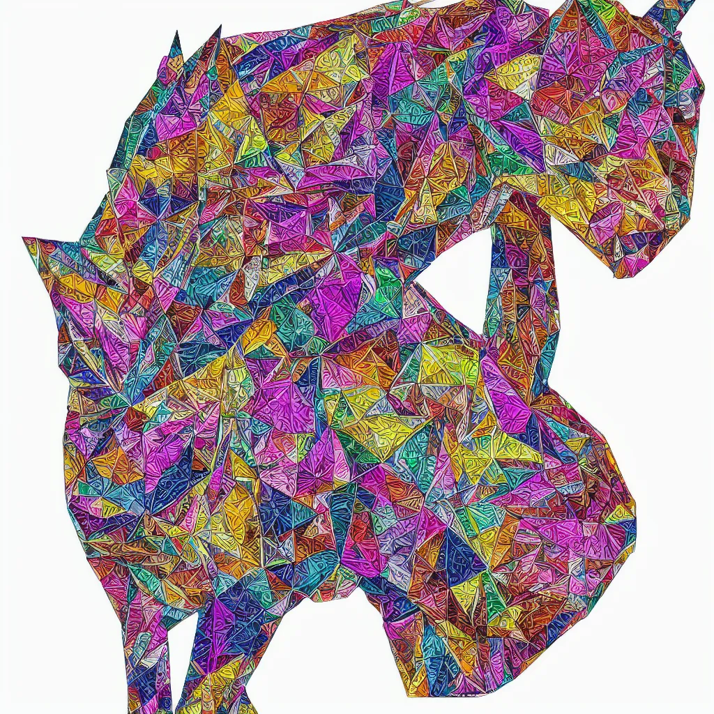 Prompt: a colored origami of a fantastic animal, intricate details, white background, photorealistic, hd