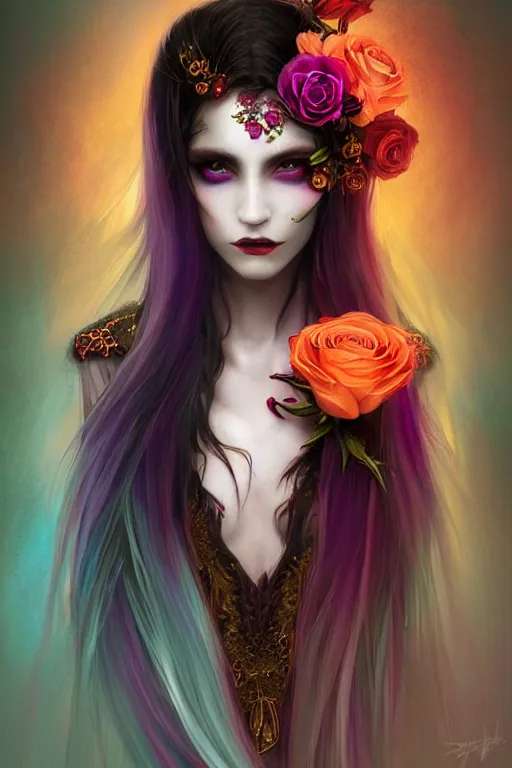 Image similar to portrait of a vampire , fantasy, gradient violet red cyan, dreamy and ethereal, orange eyes, black sclera, golden ratio, peaceful expression, ornate frilly dress, fantasy, intricate, elegant, rainbow spikes, red roses, highly detailed, digital painting, artstation, concept art, smooth,b sharp focus, illustration, art by artgerm and greg rutkowski and alphonse mucha