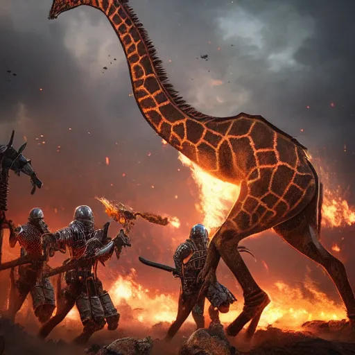 Image similar to a giant fire breathing giraffe wearing intricate battle armor attacking an army of knights, dramatic lighting, highly detailed, photorealistic, cinematic, octane render