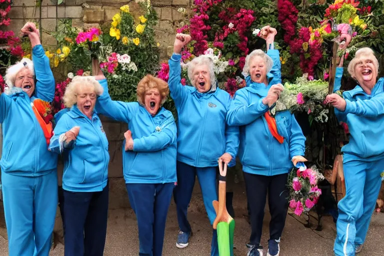 Image similar to a gang of old ladies waving sledge hammers and flowers, and wearing track suits laughing maniacally and screaming