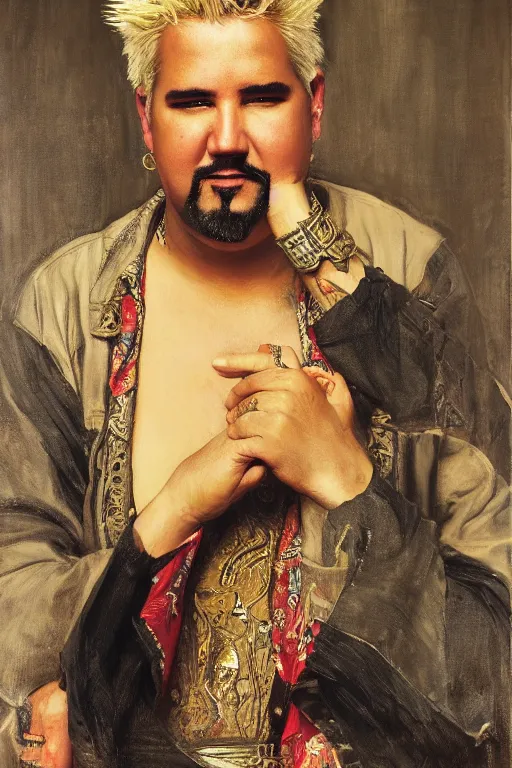 Prompt: guy fieri, orientalist intricate portrait by john william waterhouse and edwin longsden long and theodore ralli and nasreddine dinet, hyper realism, dramatic lighting