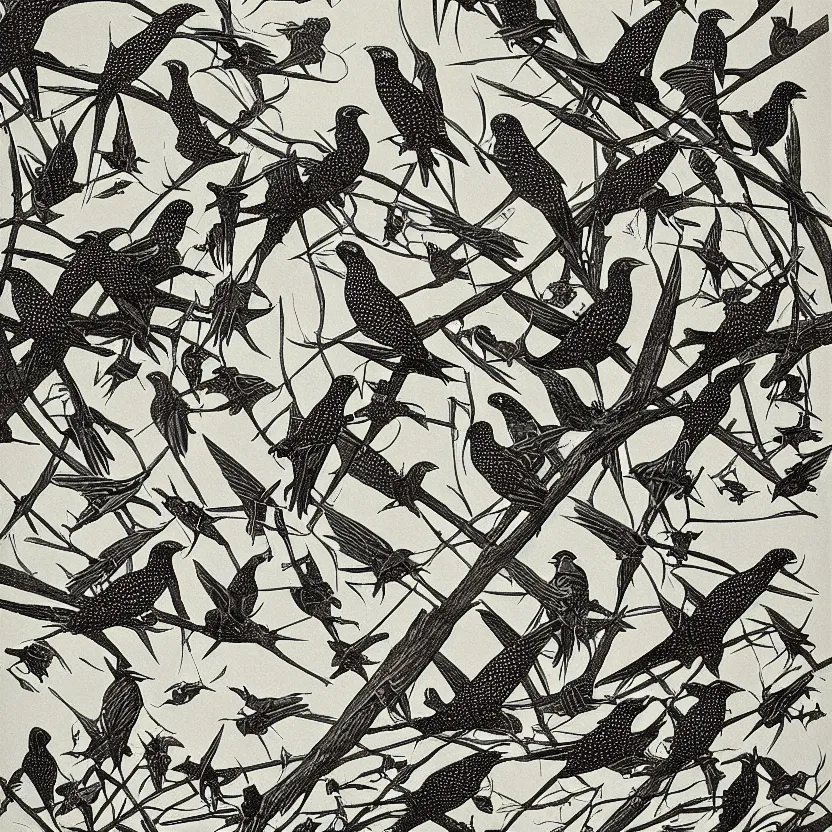 Prompt: MC Escher lithograph 3 color print of starlings and insects, murmur,