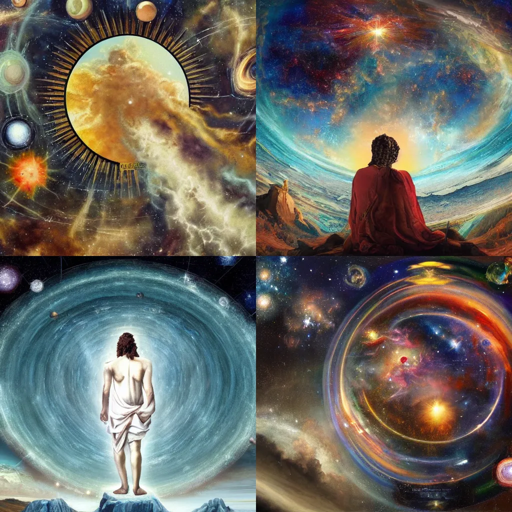 Prompt: artistic painting of God overlooking and admiring multiple universes, highly detailed