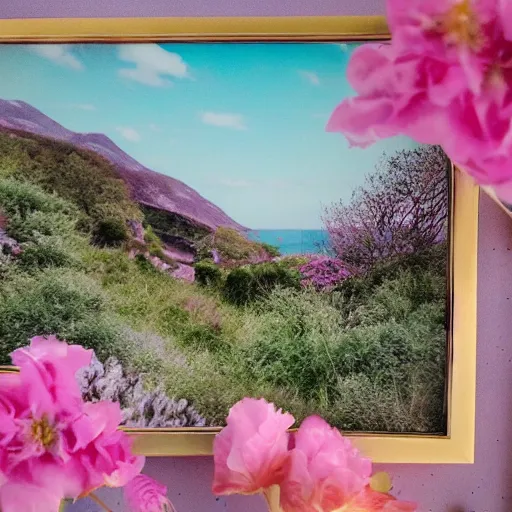 Image similar to a ultra high definition pastel coloured photograph from a holiday photo album. the photo is a medium frame, 5 0 mm depicting public viewpoints from areas of outstanding natural beauty in an alien world with pale pastel coloured flora. no artefacts. highly detailed.