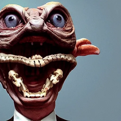 Image similar to mr bean as a monstrous alien, body horror, claws, teeth, bones