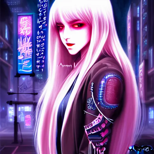Prompt: a portrait of vampire of clan banu haqim, light brown skin, night, long light blue hair, cyberpunk city, neon signs, bangles an ultrafine detailed painting by ayami kojima, cgsociety, fantasy, anime digital art, lovecraftian, cosmic horror, detailed painting
