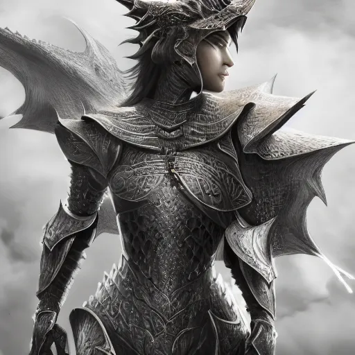 Prompt: highly detailed realistic stunning shot of a beautiful elegant anthropomorphic female dragon knight, resting a detailed and engraved longsword over her armored shoulder, cloak flittering in the wind, high quality, HD octane render, epic cinematography, Artstation, Deviantart, Furaffinity