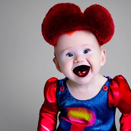 Prompt: A photograph of a baby dressed up as a clown, studio lighting, studio quality