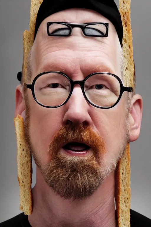 Prompt: 📷 portrait of adam savage with a sandwich head, food face, still image, high resolution, 4 k