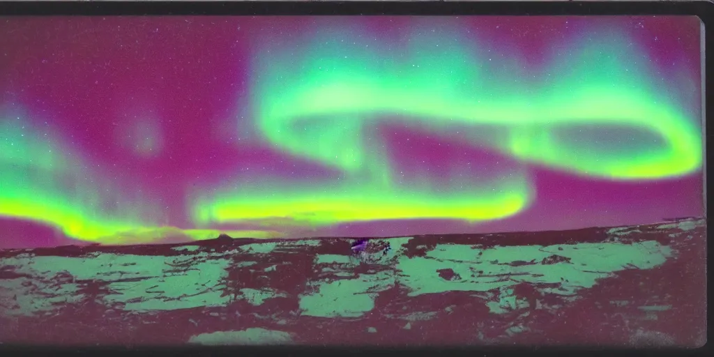 Image similar to polaroid photo of the northern lights, rich colors, lens flare