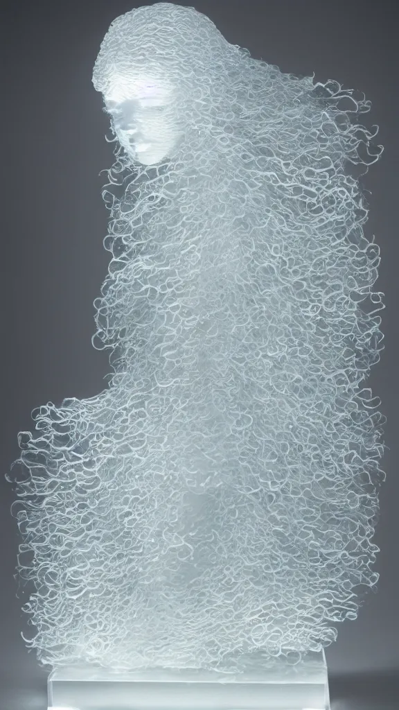 Prompt: a transparent glass statue made of soft waves in a dark room