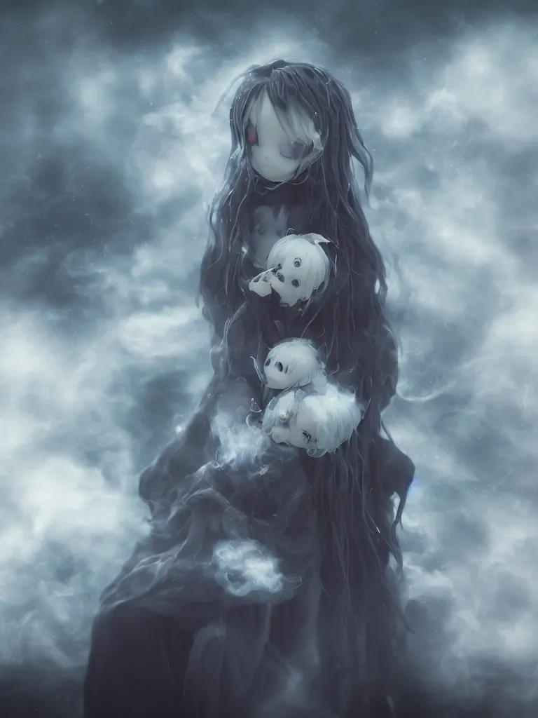 Image similar to cute fumo plush of a cursed frail witch girl held tight in the arms of a ghost mother, hugging and cradling, anime, melting volumetric smoke and fog, environment map pbr reflective stormy water, gothic maiden, bokeh, vignette, vray