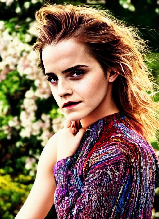 Image similar to Emma Watson for Cosmo, perfect face, hot summertime, full length shot, colorful, XF IQ4, 150MP, 50mm, f/1.4, ISO 200, 1/160s, natural light, Adobe Photoshop, Adobe Lightroom, DxO Photolab, Corel PaintShop Pro, rule of thirds, symmetrical balance, depth layering, polarizing filter, Sense of Depth, AI enhanced