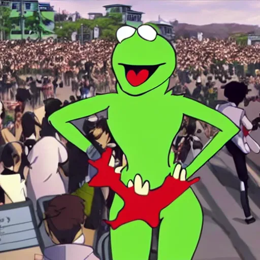 Prompt: kermit the frog in kill la kill, anime