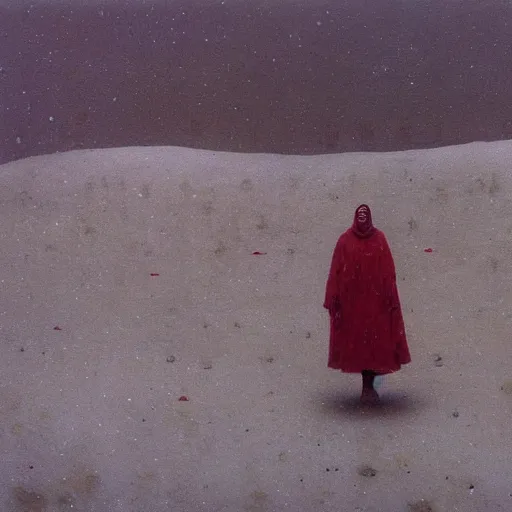 Image similar to a surrealist painting of a lonely woman with white skin and red hair standing over pile of bodies in post apocalyptic snowy landscape, painted by beksinski