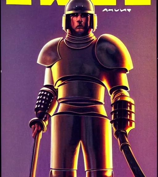 Prompt: a large cyberpunk paladin in rounded heavy plate armor with large shoulder pads and a spartan helmet wearing a crusaders helmet he is holding a large axe in a cyberpunk setting, 1 9 7 9 omni magazine cover, style by vincent di fate, artgerm, cyberpunk 2 0 7 7, very coherent, detailed, 4 k resolution, unreal engine, daz