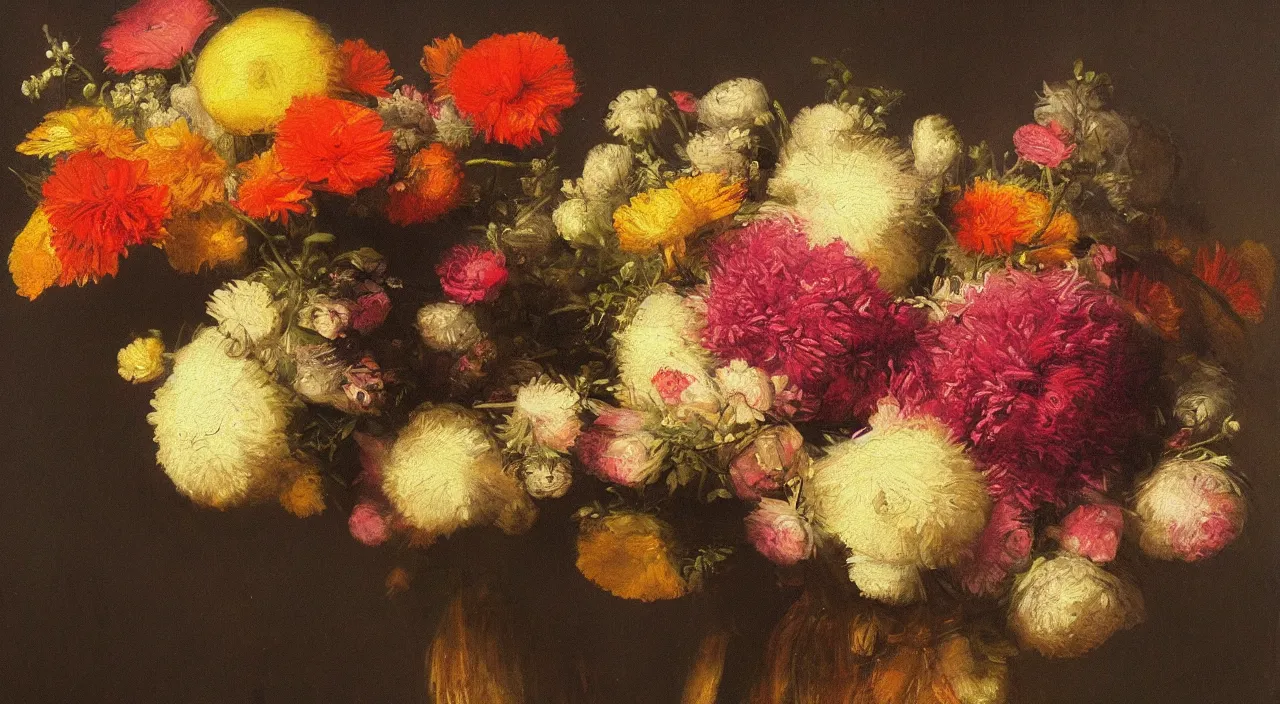 Prompt: a radiant portrait of a bouquet of flowers. In the style of Rembrandt,