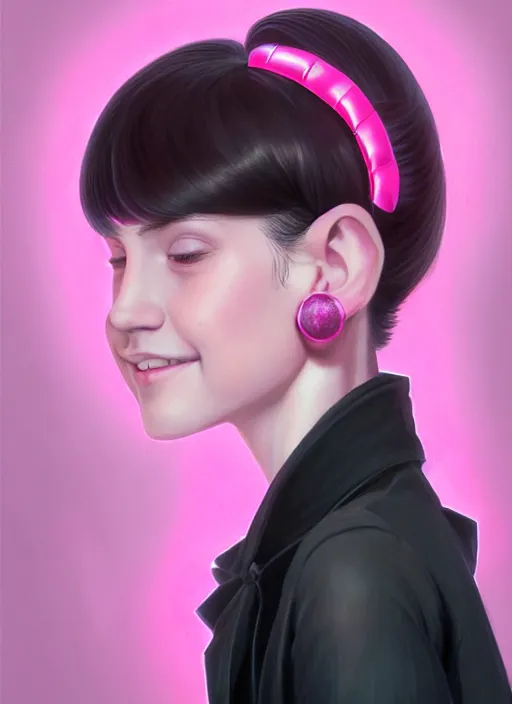 Image similar to portrait of teenage girl, narrow face, black hair, bangs, half updo hairstyle, pointy nose, skinny, smile, unattractive, defined jawline, big chin, pink hair bow, earrings, intricate, elegant, glowing lights, highly detailed, digital painting, artstation, sharp focus, illustration, art by wlop, mars ravelo and greg rutkowski