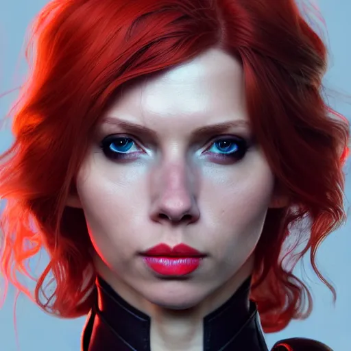 Image similar to Samantha 38G as black widow, au naturel, hyper detailed, digital art, trending in artstation, cinematic lighting, studio quality, smooth render, unreal engine 5 rendered, octane rendered, art style by klimt and nixeu and ian sprigger and wlop and krenz cushart