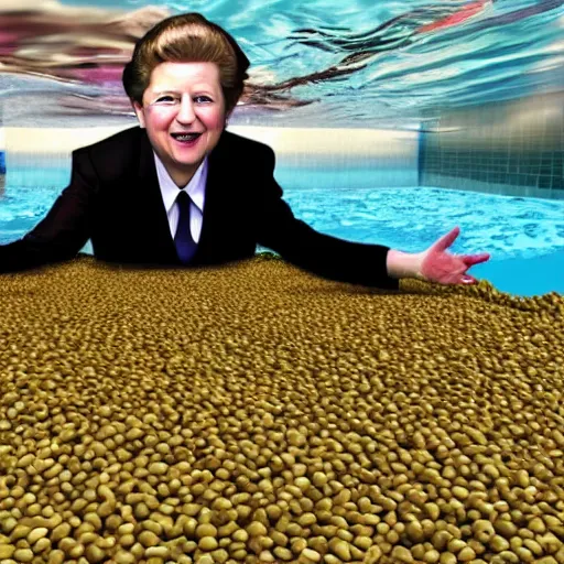 Image similar to photorealistic of the leader of the united kingdom swimming in a pool of beans