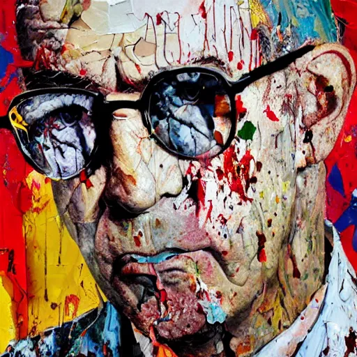 Prompt: hyperrealistic, photorealistic, mixed media oil painting of hunter s. thompson, magazine scraps, plaster, blood, oil, mustard, splatter, greg rutkowski, basquiat, ralph steadman, wesley kimler