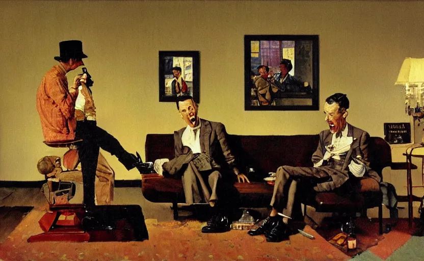 Prompt: a lone thin man screams at a telephone beside a sofa in a dark living room, painted by rick berry and norman rockwell, highly detailed