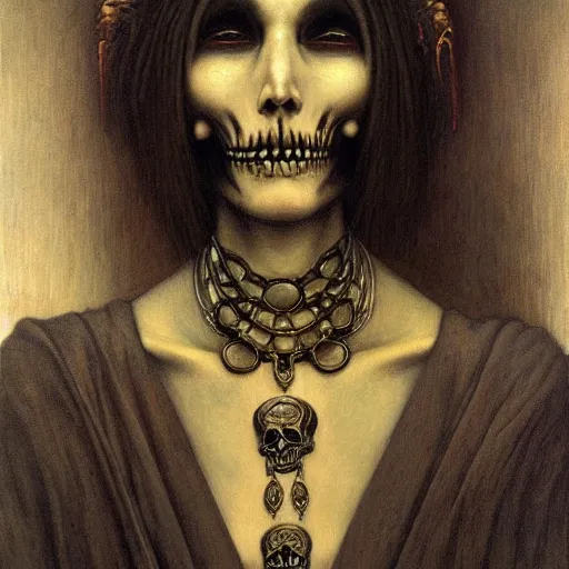 Image similar to a portrait of a mysterious death goddess with black eyes and a skull necklace, moody, dark, deep shadows, creepy, muted colors, highly detailed, intricate artwork, beautiful oil painting by Jean Delville