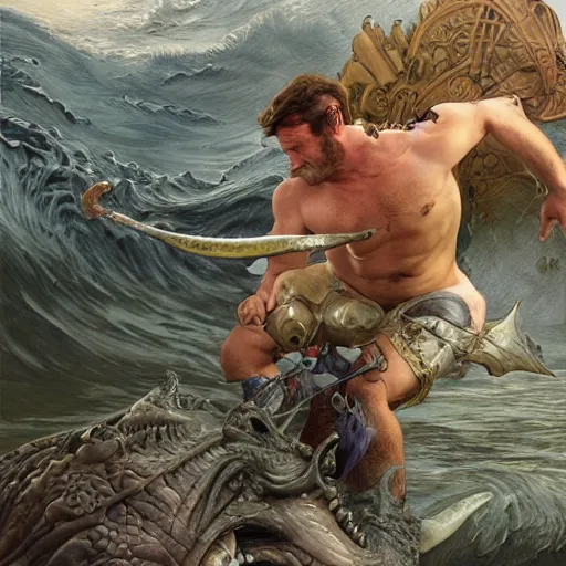 Prompt: robin williams in an epic battle with a sea monster, fantasy, d & d, intricate, elegant, highly detailed, digital painting, artstation, concept art, matte, sharp focus, illustration, art by john collier and albert aublet and krenz cushart and artem demura and alphonse mucha