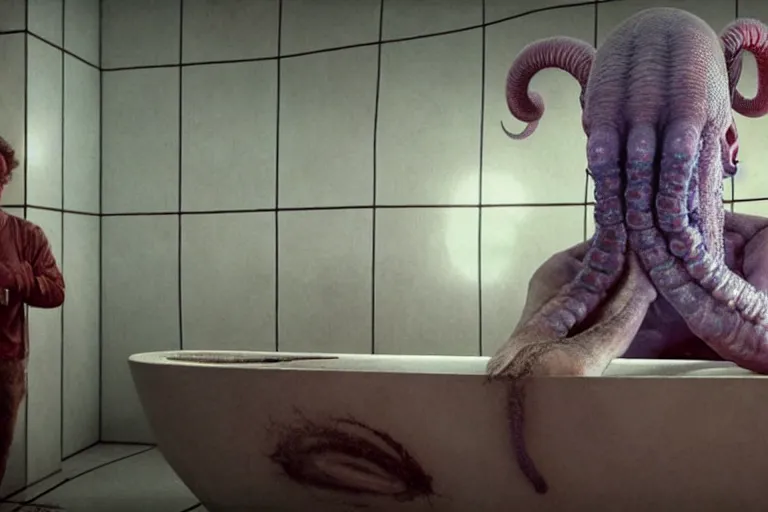 Image similar to hyperrealism aesthetic ridley scott and denis villeneuve style photography of a detailed giant squidward, siting on a detailed ultra huge toilet and scrolling his smartphone in hyperrealism scene from detailed art house movie in style of alejandro jodorowsky and wes anderson