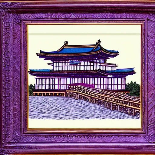 Prompt: A detailed woodcut colorful print of Japanese Imperial Palace, Purple, By Da Vinci