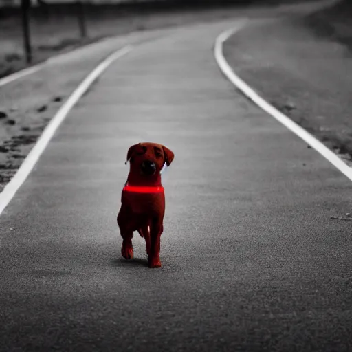 Image similar to A dog with a red collar walking from a dark place to a light place, the dog is monochrome, and has spots. 8k, hyper realistic, HD